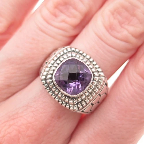 925 Sterling Silver Vintage Real Cushion-Cut Amethyst Oxidized Ring Size 7.25