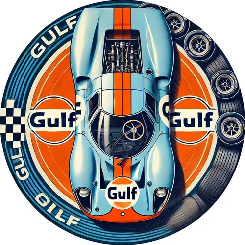 1pc Vintage Gulf Racing Car Tin Metal Signs - Retro Style Wall Art with Blue & O