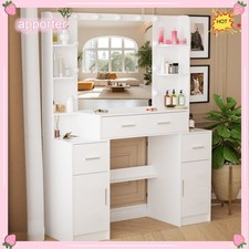 Juego de Escritorio Tocador Mujer con Espejo Luz LED Mesa 3 Cajones con Armario y Estantes