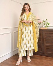 Women  s Mustard Floral Cotton Kurta Set with Dupatta Ethnic Festive Wear