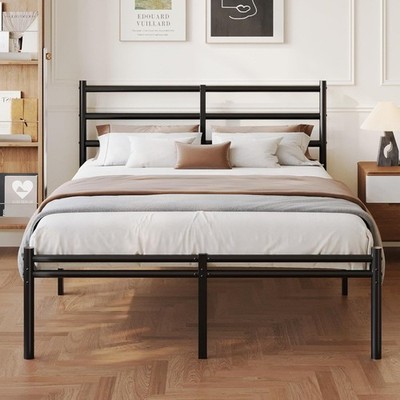 Full 14 Inch Black Metal Bed Frame with Headboard, Footboard, Steel Slats
