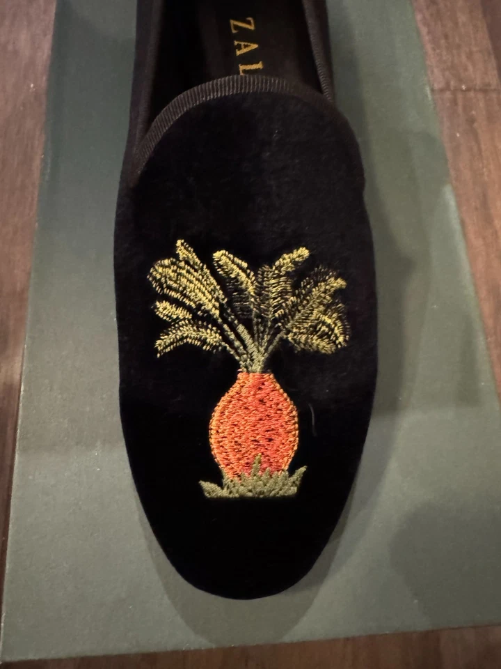 Mocasín Zalo Gentry Terciopelo Chifón Negro Terciopelo Plano Sin Cordones Naranja Verde NUEVO Foto 3 de 4