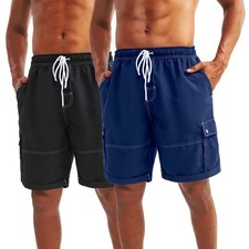 2Pairs Mens Beach Vacation Swim Trunks Fast Dry Resorts Swimwear Board Shorts