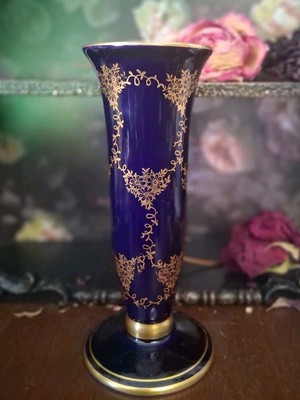 Mid Century Vintage Lindner Bavaria Vase Cobalt Blue 24k Gold Trim RARE
