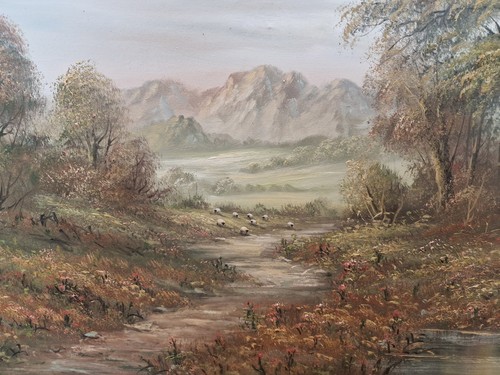 Original Signed Oil Painting, C. Wilder, Sheep Grazing by a Wildflower Stream (photo 3)