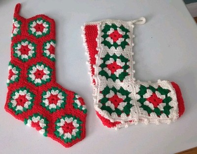 Pair of Handmade Grandma Granny Square Crotcheted Christmas Stockings