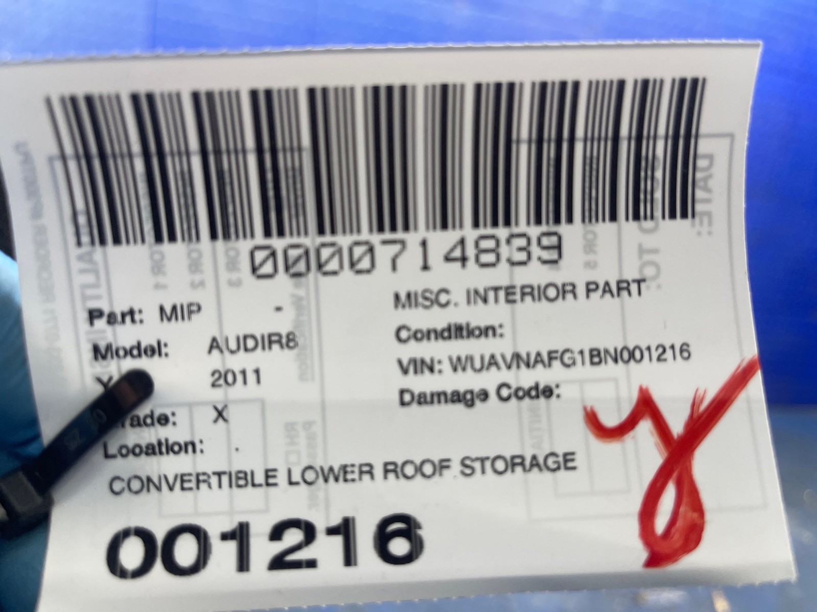 2011-2015 AUDI R8 CONVERTIBLE LOWER ROOF STORAGE STOW AWAY COMPARTMENT SHIELD