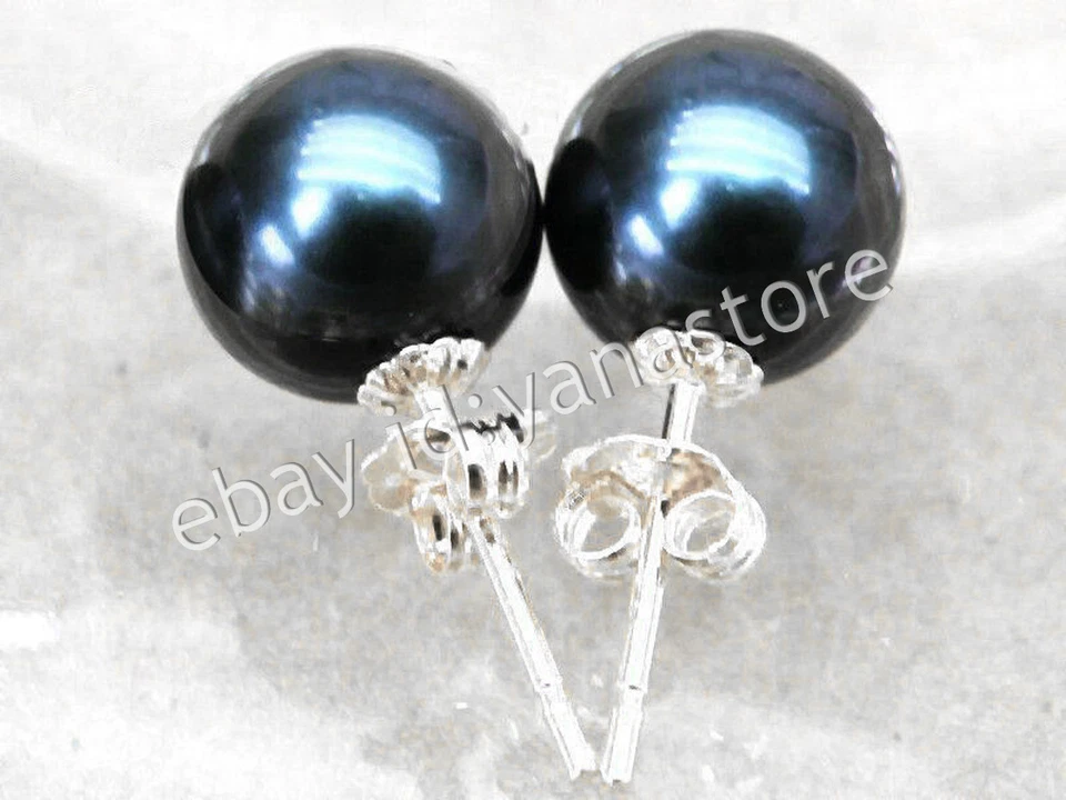 Perfekt Echter Natürlich Rund Schwarz Südsee Perle Ohrstecker 14K Weißgold - Bild 2 von 4
