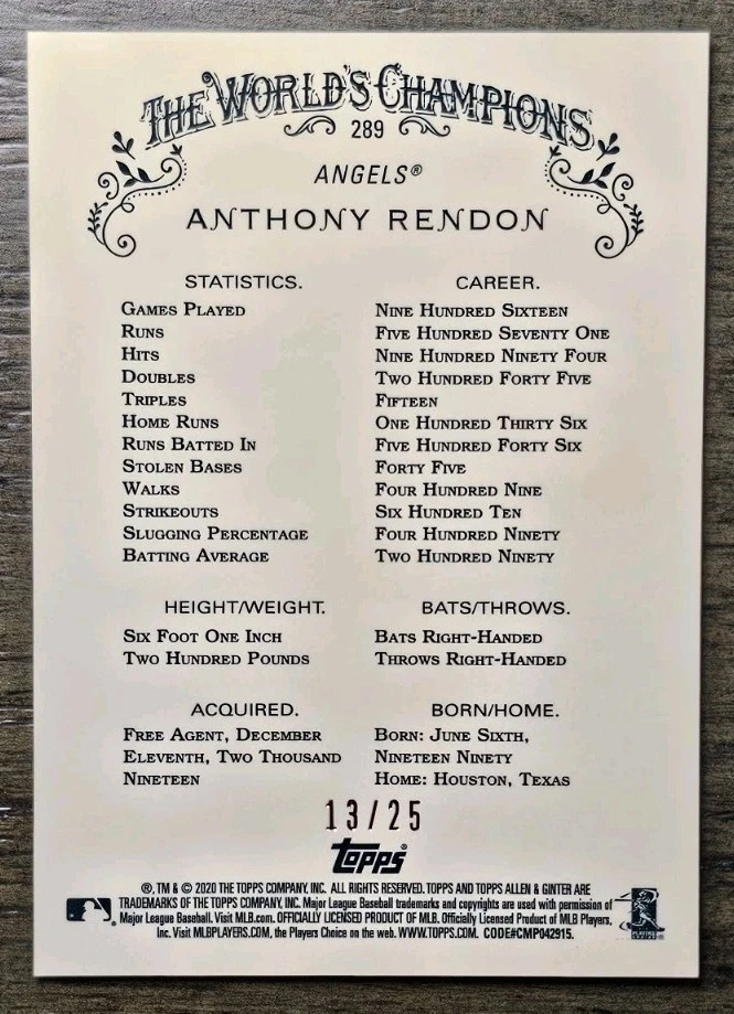 Anthony Rendon 2020 Topps Chrome Allen & Ginter Orange Refractor /25 - Image 2 of 2