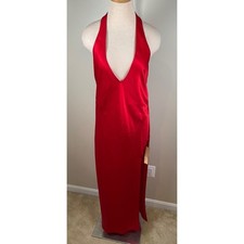 Reformation Meral Halterneck Open Back Satin Cherry Red Midi Dress Size XL