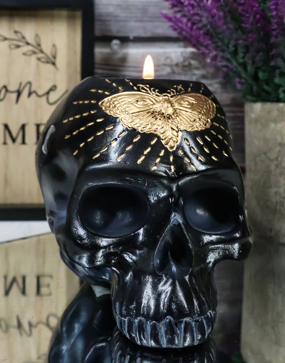 Black Gothic Skull Skeleton With Golden Butterfly And Evil Eye
