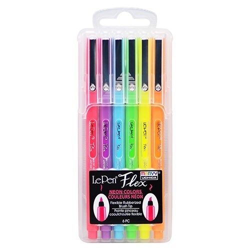 Marvy Uchida LePen Flex Rubberized Brush Tip 6/Pk Neon Set Office School Art