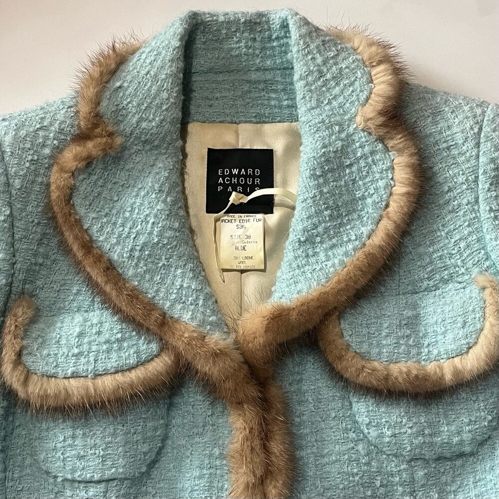 Edward Achour Paris Tweed Jacket Size 38 Mink Fur Trim Blue Edward Achour Paris Tweed Jacket Size 38 Mink Fur Trim Blue