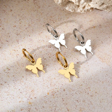 Stainless Steel Creative Design Elegant Butterfly Pendant Hoop Earrings