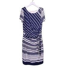 Eliza J Dress 12 Blue White Stripe Sheath Short Sleeve Stretch Belt