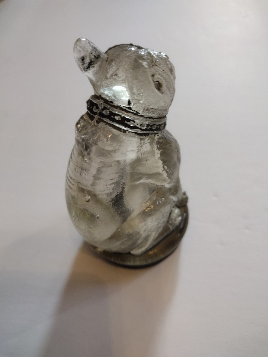 ANTIQUE AVOR 3/4OZ GLASS BULLDOG CANDY CONTAINER WITH ZINC