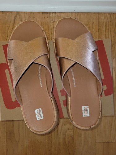FitFlop F-Mode Metallic Leather Slide Sandals Rose Gold Choose Size - Picture 3 of 13