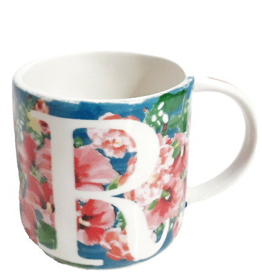 Anthropologie Floral Monogram Mug Initial R Watercolor Bloom Multi Stoneware NIB