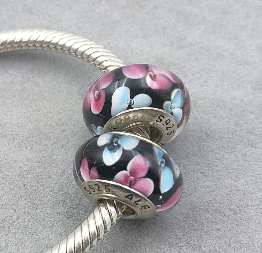 2pcs 925 Sterling Silver PFlower Murano Glass European Charm Bead Jewelry