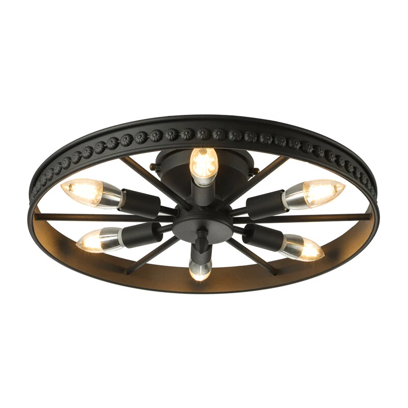 Industrial Loft Style Wrought Iron Chandelier Wheel Shape Ceiling