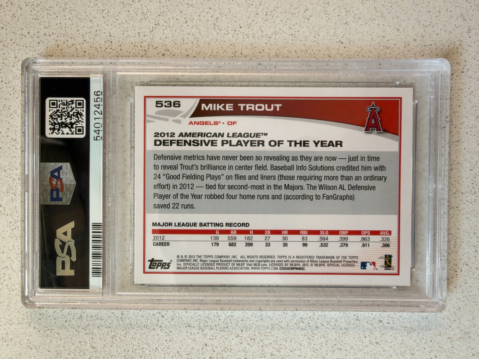 2013 Topps #536 Mike Trout Silver Slate Blue Sparkle Parallel PSA 9 MINT Angels view 2