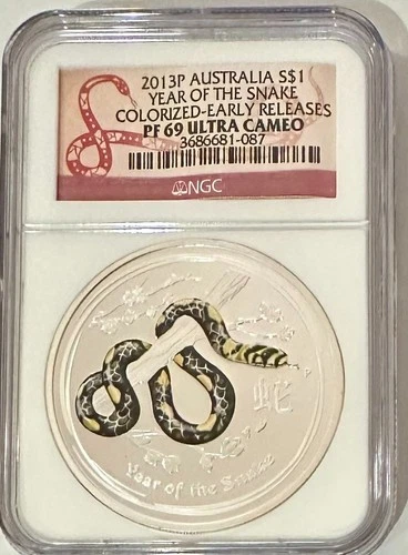 2013 P $1 Australia Silver Year of the Snake Colorized ER NGC PF 69 Ultra Cameo