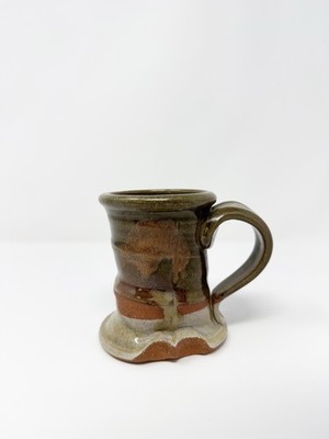 Studio Art Pottery Green Brown Glaze Abstract Swirled Pinched Coffee Mug Rustic