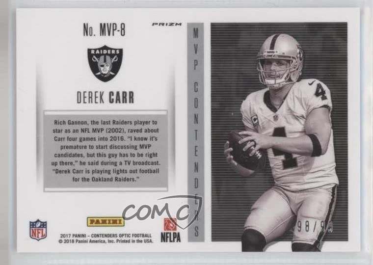 2017 Panini Contenders Optic MVP Contenders /99 Derek Carr #MVP-8 - Image 2 of 2