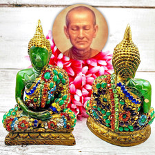 Statua verde Buddha Naga occhio gemme pietra di giada Leklai antico amuleto...