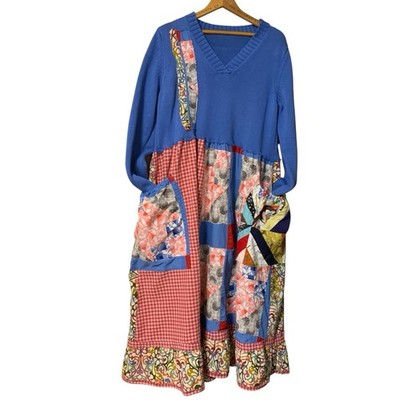 Upcycled Midi Maxi Dress L Boho Gypsy Cowgirl Art To Wear Pockets  Patchwork