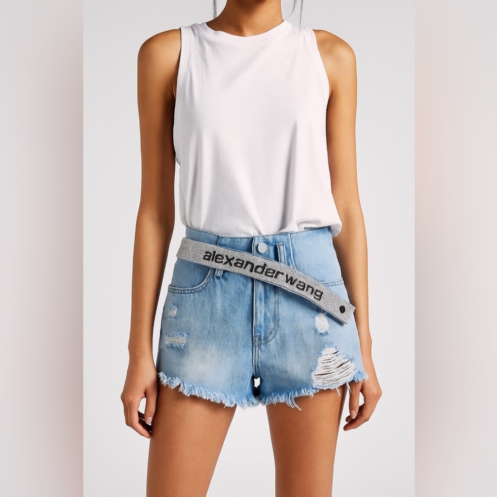 Alexander Wang rhinestone belt Blue Distressed Denim Shorts