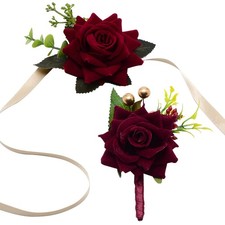 Wedding Corsage and Boutonniere Set Wine Red 2pcs Wrist Corsage Bracelets Rib...