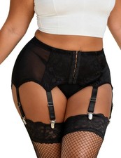 Garter Belt Set High-Waisted Black Lace 6 Straps Metal Clips XL-XXL