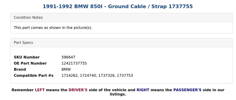 BMW 850I 1991-1992 - Cable de tierra/correa 1737755 Foto 3 de 3