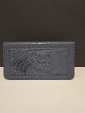 Oberon Design Hand Tooled Leather Check Book Cover Blue Gray Wave Volcano D