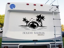 Minglewood Trading Cobalt-Beach Dolphins Palm Trees Scene Vinyl Decal-Ocean