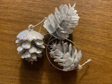 3 Plastic Silver w Glitter Pinecone Christmas Ornament 2"