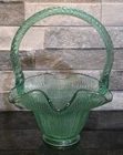 Fenton Basket Ribbed Green Glass Twisted Handle  8" H x 6" Handmade USA