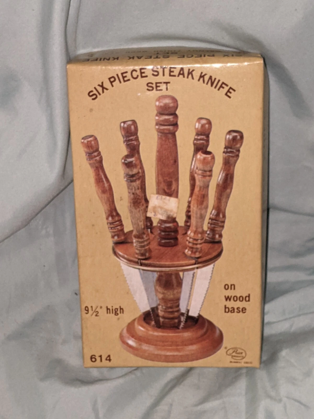 Vintage Serrated Steak Knife Set, Wood Standing Counter Holder, Round Wooden...