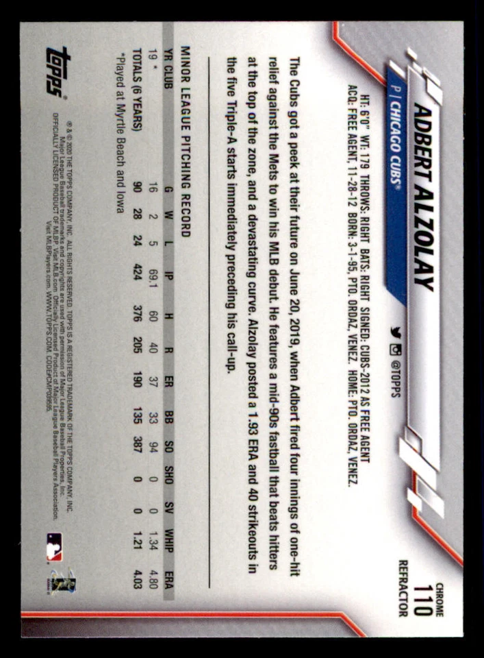 2020 Topps Chrome X-Fractors #110 Adbert Alzolay - Image 2 of 2