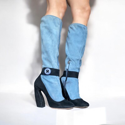 PRADA Mary Jane Illusion Black & Blue Suede Knee High Boots, Size