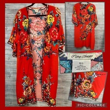 Floral Printed Midi Kimono Cover Wrap Red Orange Size Medium Large Flying tomato