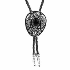 Onyx Stone Feather Floral Bolo Tie Silver Color Adjustable 40 inch Leather Cord