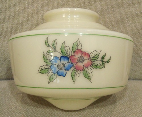 1930 ART DECO CUSTARD Vaseline GLASS CEILING LIGHT SHADE w/GREEN STRIPES FLOWERS