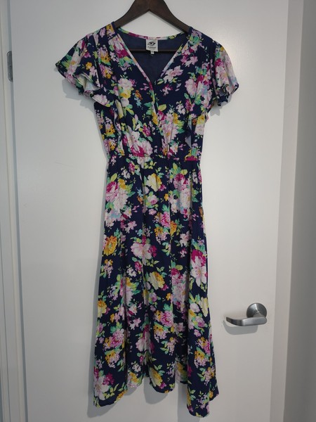 Lemisee! Australia Vintage Floral  Midi A-Line Dress Flutter Sleeve Rayon 8