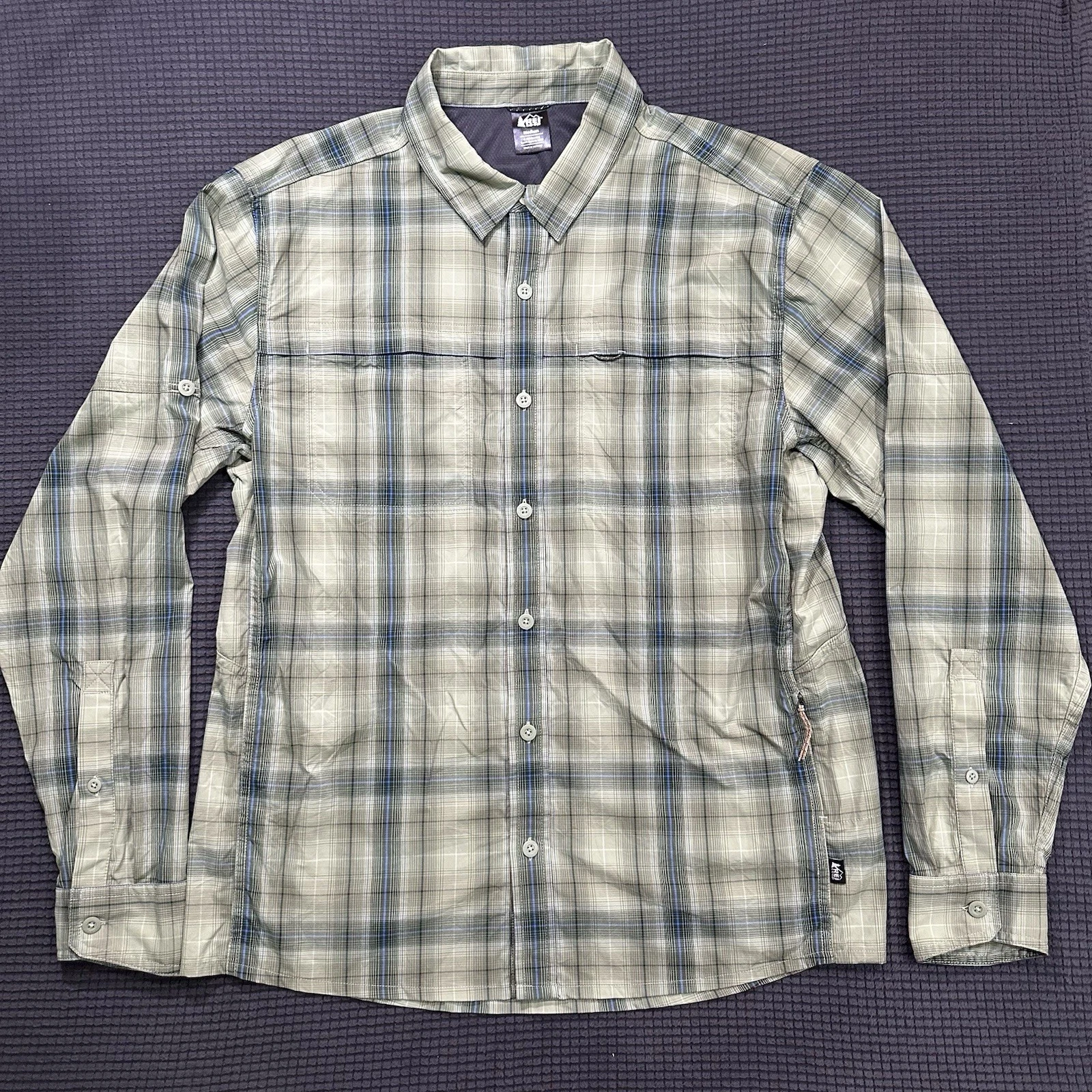 REI Co Op Plaid Hiking Fishing Button Shirt Green Blue Men's Medium