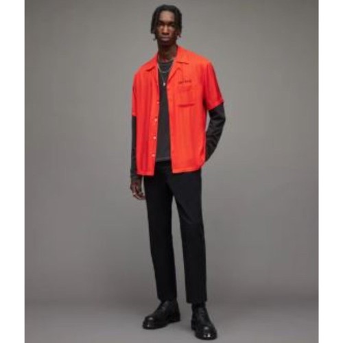 AllSaints Men's Orange New Rose Embroidered Relaxed Fit Short Sleeve Shirt L
