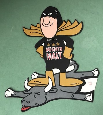 1970s BUDWEISER Advertising MIGHTY MALT Man Sticker on Steer Bull Unused   