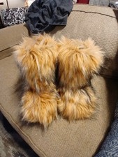 Women's Furry Faux Fur Boots Fuzzy Fluffy Mid Calf Snow Boots Brown Suze 5.5-6