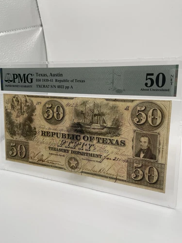 1839 $50 The Republic Of Texas Treasury Note (PMG 50) - Picture 3 of 6